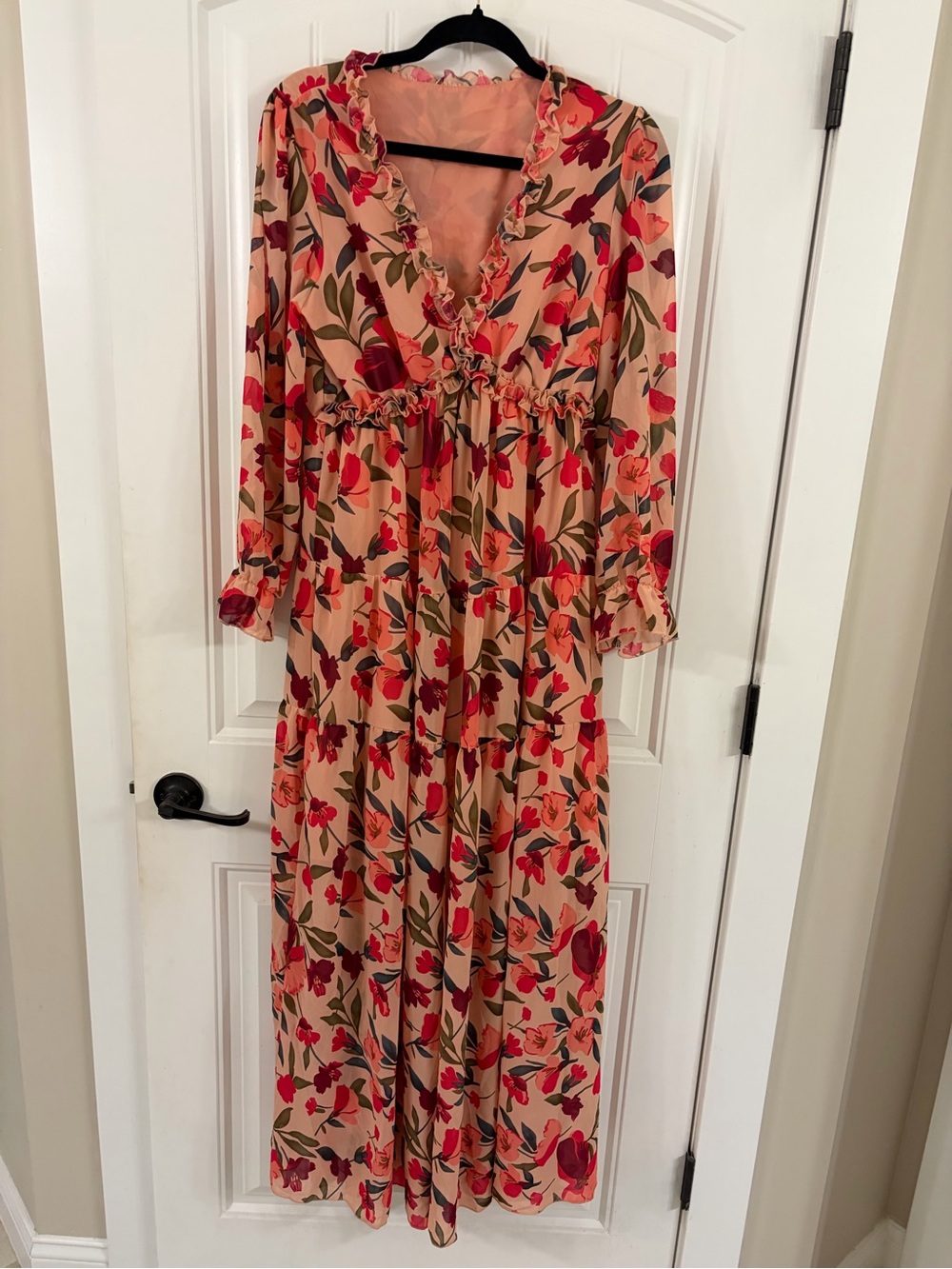 Peach Floral Ruffle-Trim Maxi Dress